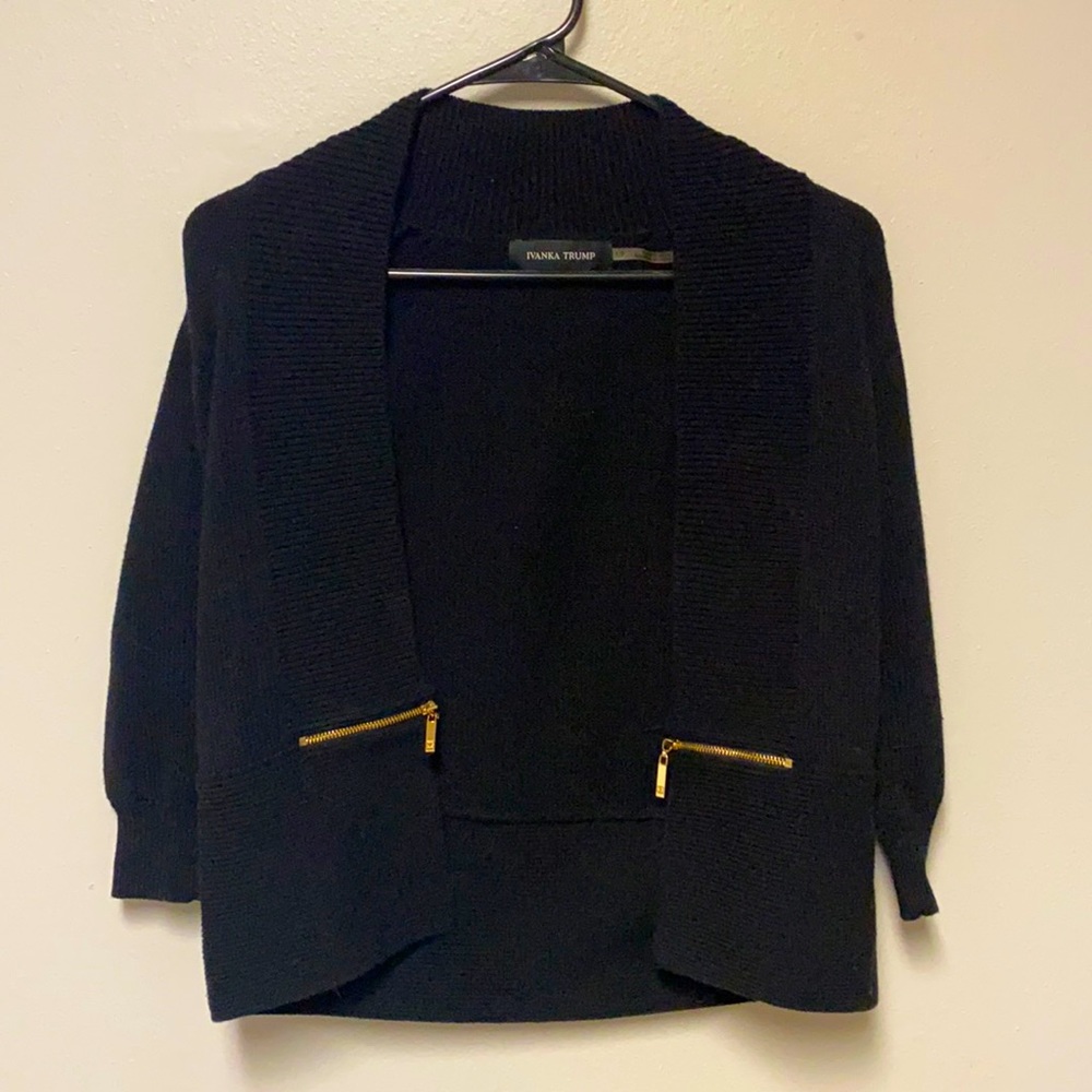 Ivanka Trump Black Cardigan with Gold Zipper Accents